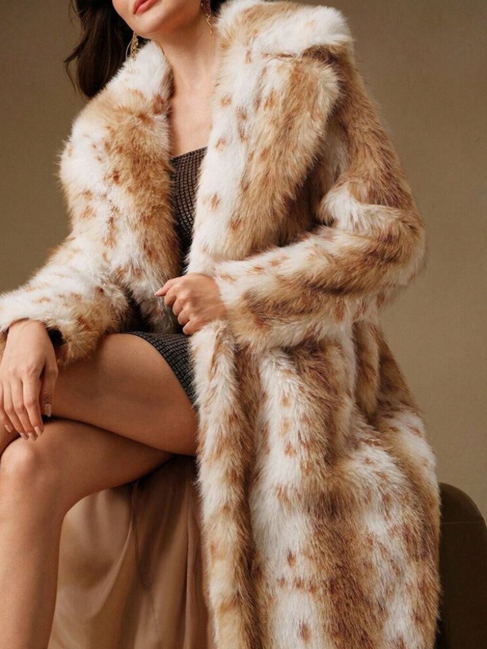 Multicolor Casual Women's Elegant Leopard Print Faux Fur Collar Long Coat